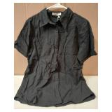 Pausus Womens Black Button Down Shirt Loose-Fit Short Sleeve V Neck Collar Office Casual Shirt Linen Blouse Black L