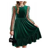 Arshiner Girls Contrast Mesh Velvet Long Sleeve Crew Neck Twirly Skater Party Dress with Pockets Green 12-13 Years