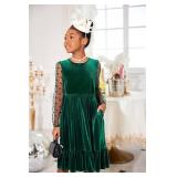 Arshiner Girls Contrast Mesh Velvet Long Sleeve Crew Neck Twirly Skater Party Dress with Pockets Green 12-13 Years