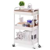 TOOLF 3-Tier Rolling Cart, Metal Utility Cart with Detachable Tray Top, Storage Craft Art Cart Trolley Organizer Serving Cart Easy Assembly for Bathroom, Living Room, Office, Kitchen, Classroom, White