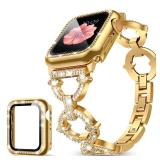 Mesime Compatible with Apple Watch Band 38mm 40mm 41mm 42mm 44mm 45mm , Women Girl Bling Diamond Jewelry Metal Strap Bands with Crystal Tempered Glass Screen Protector Case, Round Shiny Bracelet