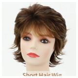 RENERSHOW Brown Highlight Short Pixie Wigs for White Women Synthetic Hair Wig with Bangs Natural