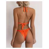 Orange Bikini Sets for Women Cheeky High Leg Thong Bikinis Cute Padded Adjustable Ruched Halter 2 Piece Swimsuit S