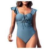 ZAFUL 2024 Swim Suits for Women One Piece Swimsuit Tummy Control Bathing Suits Slimming Swimsuits Ruffle Swimwear Self Tie Medium