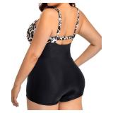 Daci Leopard and Black Plus Size One Piece Boyshorts Swimsuits Tummy Control Ruched Bathing Suits Retro Boyleg Swimwear 18W