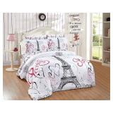 Luxury Home Collection Kids/Teens/Girls 5 Piece Twin Size Comforter Bedding Set/Bed in A Bag with Sheets Floral Paris Eiffel Tower Flowers Hearts White Pink Black