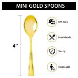 Qeirudu 4 Inch Gold Plastic Mini Spoons, 100 Pack Disposable Dessert Spoons Heavy Duty Small Tasting Spoons for Party Dessert Shooters, Appetizers, Ice Creams, Food Samples, Puddings