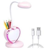 LED Desk Lamp, Cute Pink Desk Lamp with USB Charging Port/Pen Holder and Phone Stand, Touch Control Reading Lamp with 2 Color Modes,Eye-Caring Study Table Lamp for Kids Girls College Dorm Bedroom