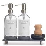 [Luxury] Kitchen Soap Dispenser Set - 16OZ Clear Glass Bottle, Stainless Steel Pump, Instant Dry Tray, Waterproof Labels, Non-Slip Silicone Pad, and Dish Brush | Upgrade for Your Kitchen and Bathroom