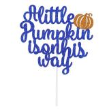 A Little Pumpkin is on His Way Cake Topper, Pumpkin Baby Shower Decorations for Boys, Fall Pumpkin Gender Reveal Party Decorations Blue Glitter