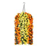 Artificial Faux Fall Autumn Hanging Flowers Plants Baskets for Outdoor Outside, Fake Orange Yellow Silk Orchid in Planter UV Resistant Realistic for Home Porch Patio Balcony Garden Yard