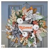 Fall Wreath for Front Door,Autumn Harvest Porch Decor,18 inch Blessed Fall Door Wreaths with White Pumpkin,thanksgving Farmhouse Decoration with Ribbon Bow for Indoor Outdoor, Front Door Wreaths