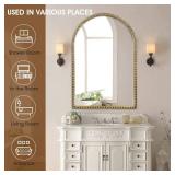 Arched Wall Mirror for Bathroom - 24"x36" Metal Beaded Frame Decorative Accent Mirror, Large Modern Rustic Distressed Hanging Wall Decor for Washroom, Bedroom, Living Room, Entryway, Antique Gold - Re