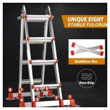 Soctone Ladder, A Frame 4 Step Extension Ladder, 14 Ft with Multi Position & Removable Tool Tray with Stabilizer Bar, 330 lbs Weight Rating Telescoping Ladder for Household or Outdoor Work - Retail: $