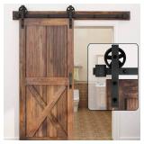 WINSOON 5-16FT Single Wood Sliding Barn Door Hardware Kit 8FT Basic Black Big Spoke Wheel Roller Garage Closet Carbon Steel Flat Track System (8FT) - Retail: $80.15