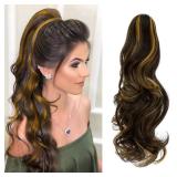 FELENDY Ponytail Extension Claw 18" 20" Curly Wavy Straight Clip in Hairpiece One Piece A Jaw Long Pony Tails for Women (Dark Brown Mix Ginger,Curly)