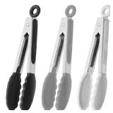 HINMAY Small Silicone Tongs 7-Inch Mini Serving Tongs, Set of 3 (Black Gray White)