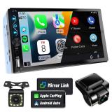 Leadfan Double Din Car Stereo with Dash Cam,7 Inch Full HD Touchscreen Car Stereo Receiver Support Carplay and Android Auto,Car Stereo with Bluetooth,Mirror Link,Backup Camera,FM/USB/AUX/Subwoofer - R