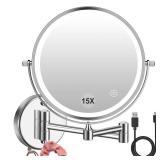 Amelar 1X/15X Wall Mounted Makeup Mirror with Hook, USB Rechargeable LED 3 Color Lights Two Sided 8 Inch Magnifying Mirror, Touch Switch Intelligent Shutdown 360Â° Vanity Mirror for Bathroom Hotel R