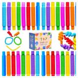 32Pack Pop Tubes, Fidget Tubes for Children and Adult Sensory Fidget Toy Set for Stress and Anxiety Relief Educational Learning Toys for Kids