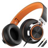 Kids Headphones, Headphones Wired with Microphone and Volume Control Folding Stereo Corded On-Ear 3.5mm Headset for Boys Girl Cellphones Tablets Chromebook Laptop Computer (Black/Orange)