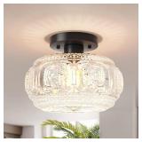 OYKYOHEI Semi Flush Mount Ceiling Light, Globe Glass Ceiling Light Fixture, Black Modern Lighting for Hallway Porch Corridor Kitchen Bedroom, Bulb Not Included