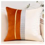 Yangest Burnt Orange Patchwork Velvet Throw Pillow Cover with Gold Striped Leather Cushion Case Modern Luxury Pillowcase for Sofa Couch Bedroom Living Room Home Decor,20"x20"