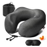 MLVOC Travel Pillow 100% Pure Memory Foam Neck Pillow, Comfortable & Breathable Cover, Machine Washable, Airplane Travel Kit with 3D Contoured Eye Masks, Earplugs, and Luxury Bag, Standard (Black)