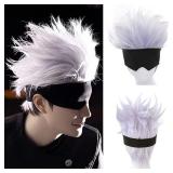 Ebingoo Wig Cap + Black Blindfold + Short Wavy Cosplay Wig Light Purple Mix Silver Wig for Anime Heat Resistant Hair Wig for Men Boys