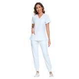 COZYFIT Scrubs for Women Set - Stretch V-Neck Scrub Top & Jogger Pant with 8 Pockets, Yoga Waistband, Anti Wrinkle, Slim Fit Women Scrubs - Saltwater Slide, L