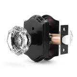 Orger Octagonal Crystal Door Knob 1 Pack, Interior Privacy Door Handle for Bed/Bathroom with Pin Lock Inside, Black Vintage Rosette Door Knob with Heavy Duty Genuine Glass