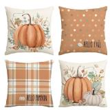 AVOIN colorlife Hello Fall Hello Pumpkin Throw Pillow Covers, 18 x 18 Inch Autumn Thanksgiving Harvest Orange Eucalyptus Decorations for Sofa Couch Set of 4