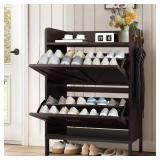 KUMIUNION Shoe Storage Cabinet with 2 Flip Drawers, Slim Freestanding Storage Racks for Entryway, Hallway, Hidden Narrow Shoe Organizers Perfect for Heels, Boots, Slippers, Walnut Brown - Retail: $130