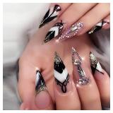 Rchovsam Fall Press on Nails Long Almond Tip Fake Nails Glitter Black White Design Press Ons Full Cover Acrylic False Nails Gift for Wemons 24pcs