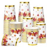 30 Pcs 9 oz Fall Disposable Paper Cups Autumn Coffee Cups Maple Leaves Foil Gold Cups for Thanksgiving Fall Holiday Picnic Harvest Wedding Party Decoration and Supplies