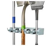 INNOVATEX Garage Tool Storage Rack Mop and Broom Holder Wall Mount Organizer, 5 Clamp Hanger Slots for Rakes, Shovels, Garden Yard Tools, Kitchen and Utility Use, 6 Hanging Hooks for Small Items