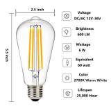 12V Edison Bulb 60 watt Equivalent E26 Medium Base 12V LED Light Bulb, AC/DC 12V 36V 6W Warm White 2700K Vintage Low Voltage Bulb for RV, 2 Pack