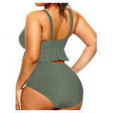 Yonique Women Plus Size Two Piece Swimsuits High Waisted Bikini Set Tummy Control Bathing Suits Ruffle Swimwear Dark Grey Green 16W