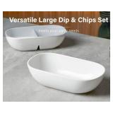 ONEMORE Chip and Dip Bowls, Set of 2   Ceramic 10 Deep Divided Bowls & 11 Serving Bowls   Oven and Dishwasher Safe, Large Serving Dishes Set for Entertaining, Soup and Side Dipping Bowls Set   White