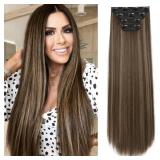 REECHO 28 Straight Long 4 PCS Set Thick Clip in on Hair Extensions  Chocolate Brown with Highlights