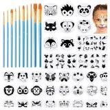 52 Pcs Face Paint Stencils Kit, 32 Large Face Paint Stencils 10 Temporary Body Painting Stencils and 10 Painting Brushes Halloween Mask Stencil for Party Art Painting(Animal Style)