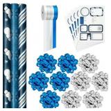 Hallmark Navy Blue Christmas Wrapping Paper Set (90 Sq. ft. Ttl 10 Bows 4 Ribbon Colors 40 Gift Tag Stickers) Snowman Stripes Snowflakes