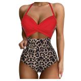 SUUKSESS Women Sexy Cutout One Piece Swimsuits Push Up High Waisted Monokini Bathing Suits (Red Leopard, XL)