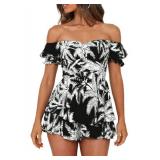 Fixmatti Womens Tropical Playsuit Off Shoulder Jumpsuit High Waist Shorts One Piece Romper Black and White L/XL