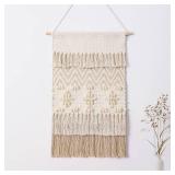 Dremisland Macrame Woven Wall Hanging Home Decor Bohemian Beige Geometric Wave Art Decor with Wool Ball and Tassle-Elegant Apartment Bedroom Dorm Room Door Decoration (Beige Wool Ball)