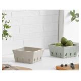 ONEMORE Ceramic Berry Basket, Square Fruit Bowls, Rustic Stoneware Berry Colander Set of 2, 5.7 inch, Gray & Light Green