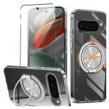 Compatible with Google Pixel 9/9 Pro Phone Case with Tempered Glass Screen Protector, 360° Rotatable Ring Holder Kickstand Shockproof Protective Cover Case for Google Pixel 9/9 Pro 5G 2024 - Clear