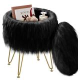 GREENSTELL Vanity Stool Chair with Storage, 13.5" W x 18" H Round Faux Fur Ottoman with 4 Metal Legs, Furry Padded Seat, Modern Multifunctional Makeup Stool for Bedroom Living Room Black