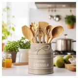 Barnyard Designs Ceramic Farmhouse Utensil Holder for Kitchen Counter, Large Rustic Utensil Crock, Countertop Cooking Tool Spatula Organizer, 6.75 (Taupe)