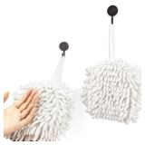 Dormercy Fuzzy Ball Towel, 2 Pack White Hanging Chenille Hand Towels, with 4 Hooks, Dry Your Hands Quickly